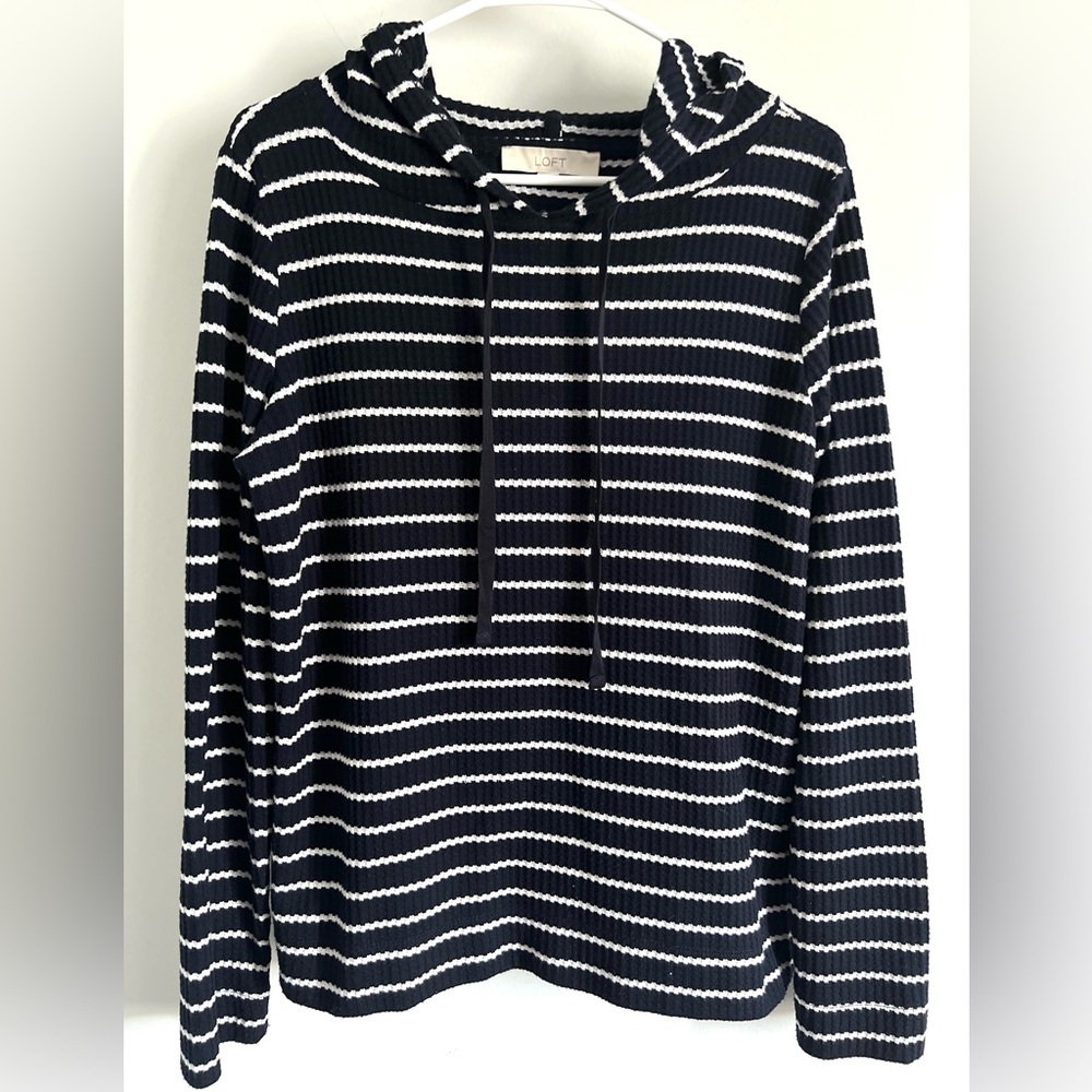 LOFT Striped Sweater Hoodie Navy Ivory Ribbed Knit Pullover - Size Medium - Picture 3 of 5